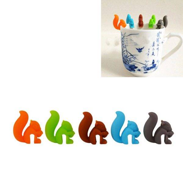 Držák na čajový sáček | rozlišovač na sklenice, styl veverka, 2v1 - náhodná barva, 5 ks