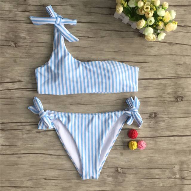 Pruhované dámské letní plavky s jedním ramínkem - Modrá, S