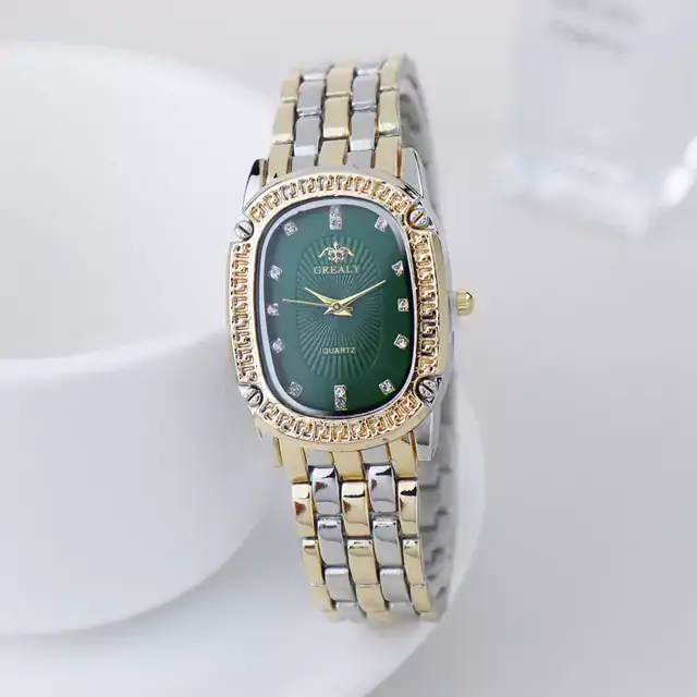 Módní dámské náramkové hodinky s kovovým páskem - Polozlato zelená