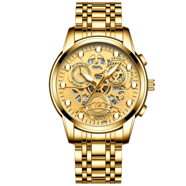 Luxusní pánské hodinky s nerezovým páskem - Zlato