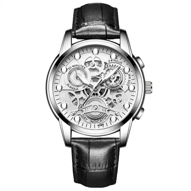 Luxusní pánské hodinky s nerezovým páskem - Kůže stříbrná bílá