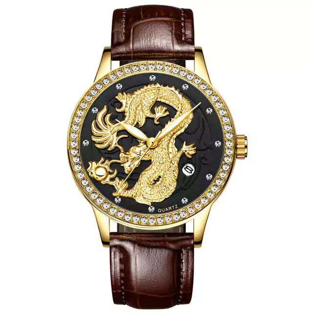 Luxusní pánské hodinky s čínským drakem - Kůže zlato černá