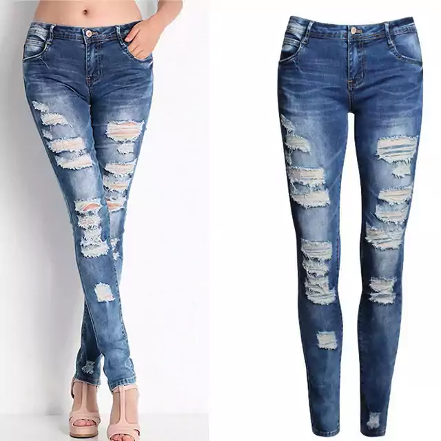 Roztrhané dámské džíny s vysokým pasem - Tmavě modrá, XXL