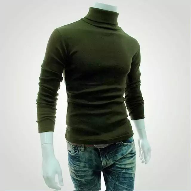 Jednoduchý tenký pánský svetr s rolákovým límcem - vojenská zelená, M