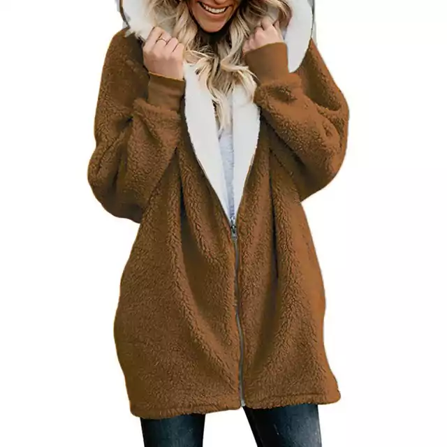 Dámský zimní kabát s chlupatou kapucí - velbloud, M