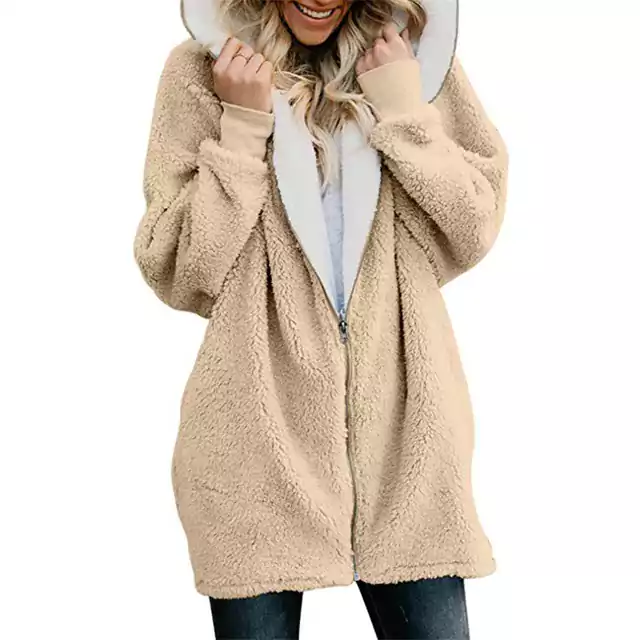 Dámský zimní kabát s chlupatou kapucí - Khaki, M