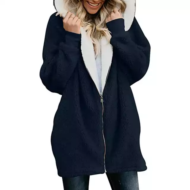 Dámský zimní kabát s chlupatou kapucí - Námořnická modrá, 4XL
