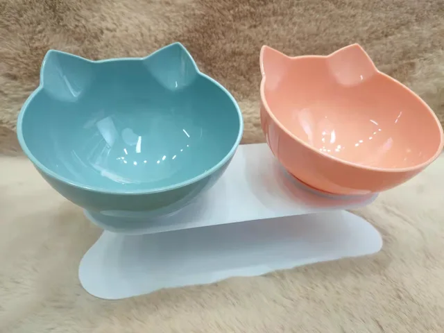 Dvojitá miska pro kočky a psy | protiskluzová s podstavcem - Modrá A Oranžová
