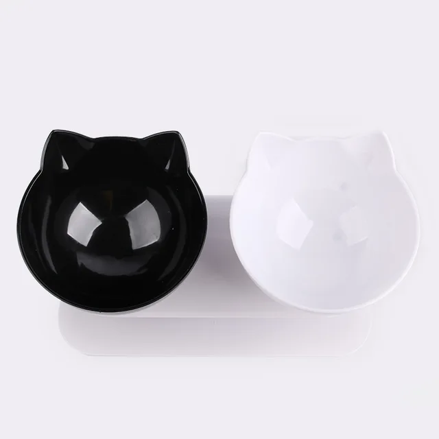 Dvojitá miska pro kočky a psy | protiskluzová s podstavcem - Černý a bílý