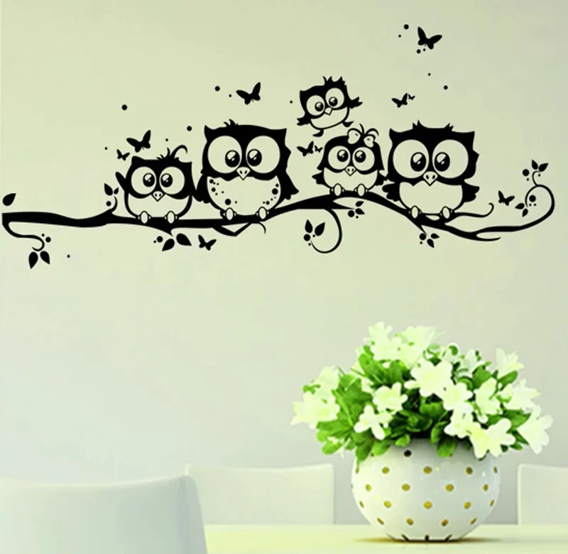 Samolepka na stěnu | samolepicí dekorace na zeď sovy na větvi, 74 x 25 cm