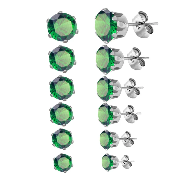 Luxusní náušnice z nerezové oceli s kubickým zirkonem | 6 párů - zelená stříbrná