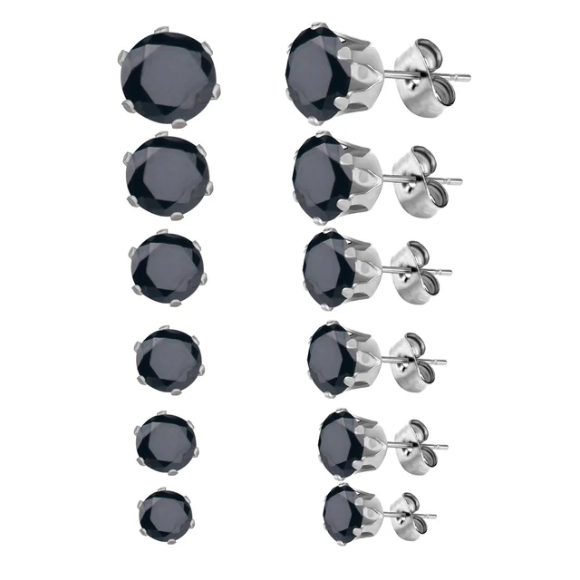 Luxusní náušnice z nerezové oceli s kubickým zirkonem | 6 párů - černá stříbrná
