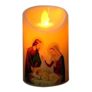 Bezpečná led svíčka s pohyblivým plamenem a náboženským motivem