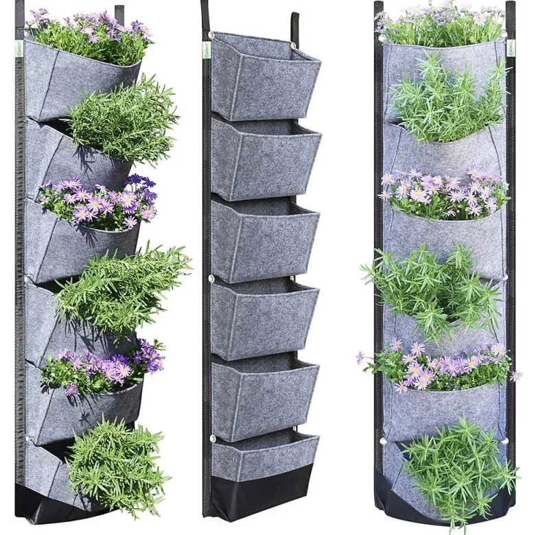 Šedý textilní vertikální květináč pro domácí zahradu | Závěsný pytel pro pěstování