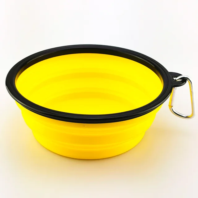 Skládací silikonová miska pro psy s karabinou - Žlutá, 350 ml (13 x 9 x 5,5 cm)