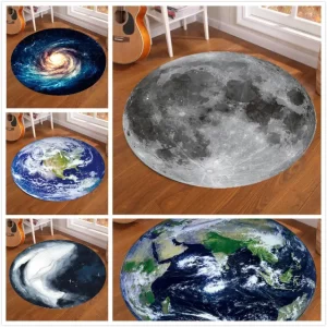 Kulatý dětský protiskluzový koberec do ložnice styl planety a měsíce